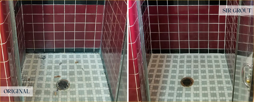 Tile Shower Before and After a Grout Cleaning in Edgewater