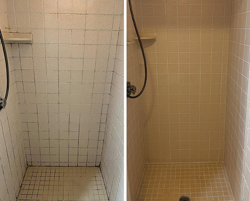 Shower Stall Before and After a Service from Our Tile and Grout Cleaners in Millersville